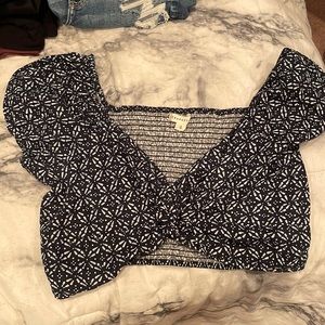 blue and white front tie crop top